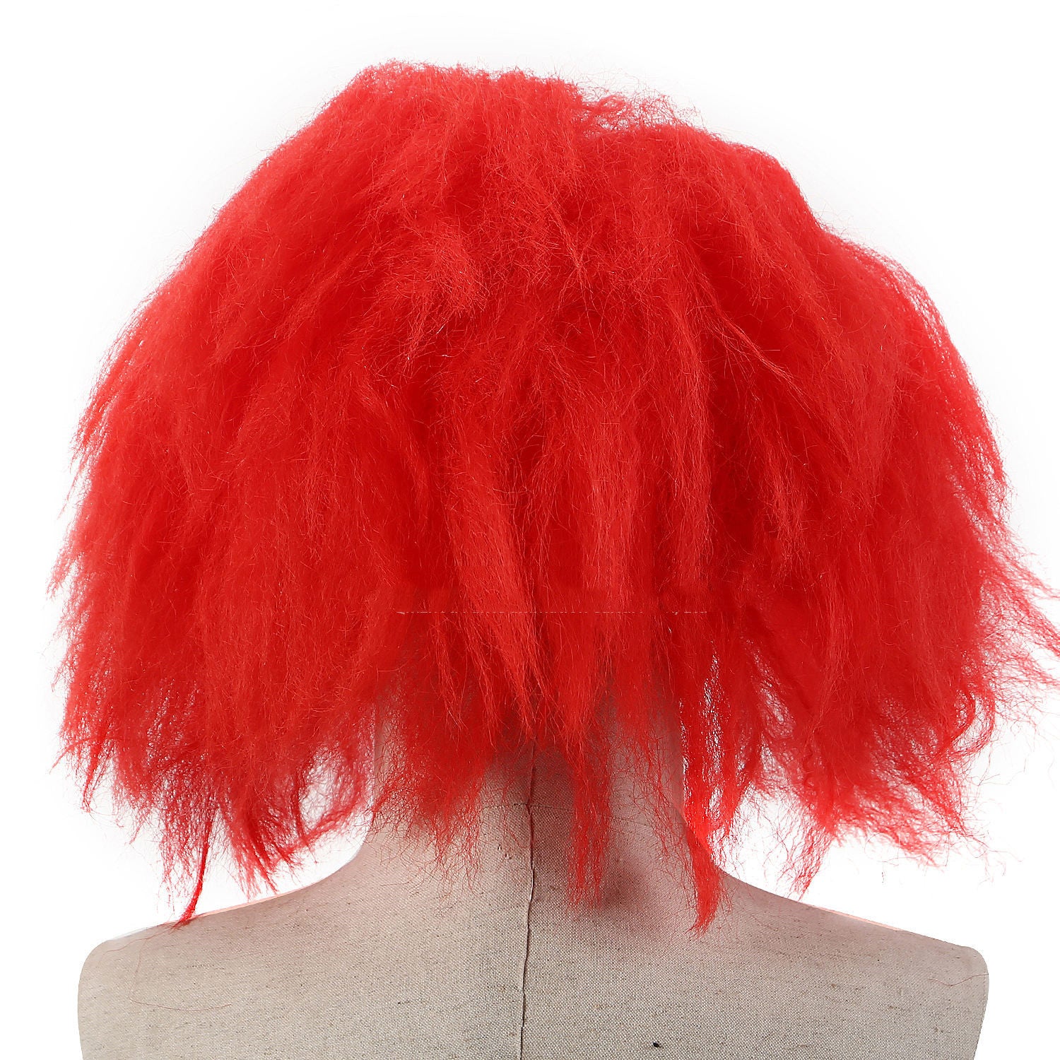 Back angled view of a red wig on a mannequin head against a white background