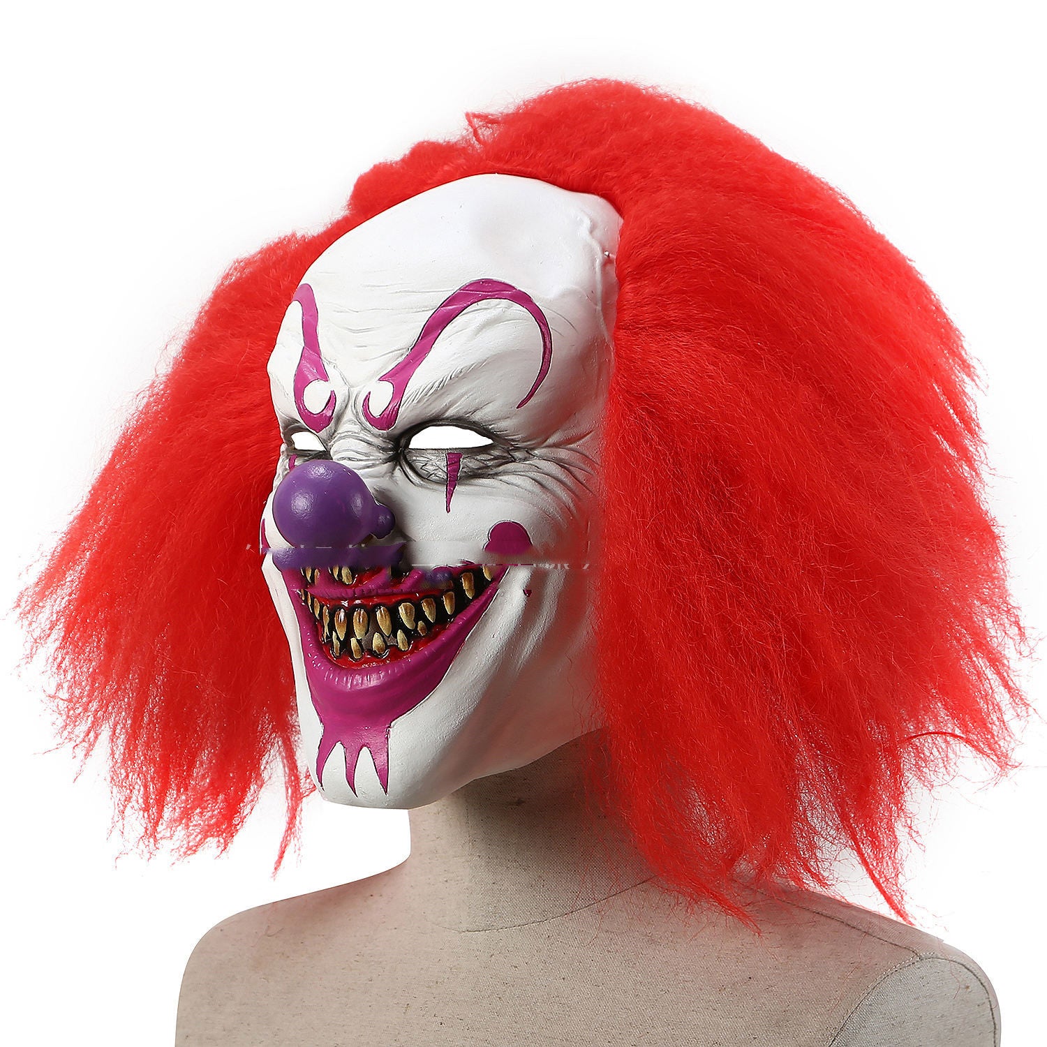 Clown mask with red hair and white face on a white background
