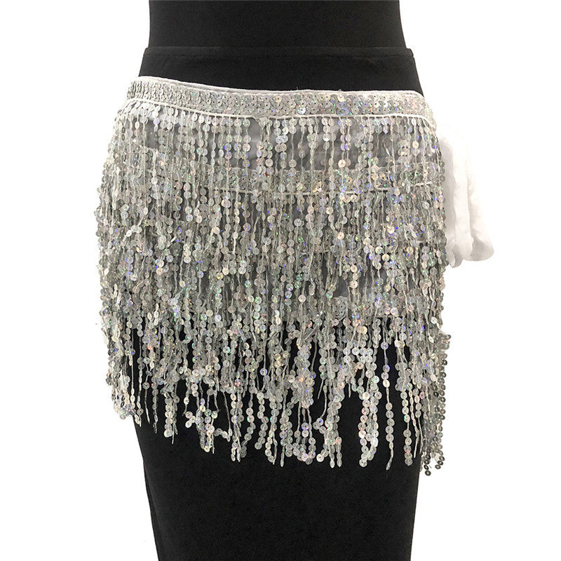 Silver fringe skirt with sequins for Belly Dance  on a white background